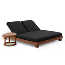 Santorini Aluminium Double Sun Lounge in Teak look with Denim/Cream Cushions with Round Side Table