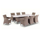 Caesar 8 Rectangle - 9pc Travertine Stone Outdoor Table In Half Round Rattan Wicker