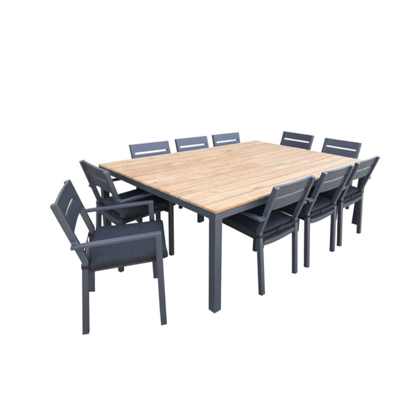 Tuscany 10 Seat Teak Top and Aluminium Dining Setting with Santorini Chairs in Charcoal