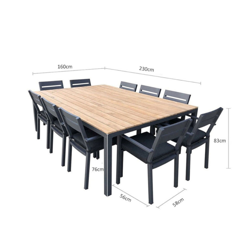 Tuscany 10 Seat Teak Top and Aluminium Dining Setting with Santorini Chairs in Charcoal