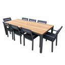 Tuscany 8 Seater Rectangle Teak Top Aluminium Dining Setting with Santorini Chairs in Charcoal & White