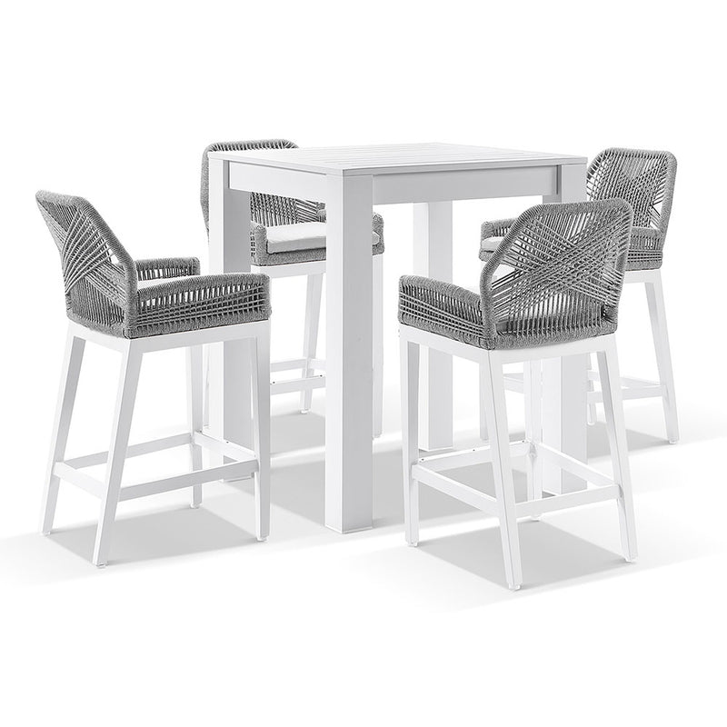 Santorini Outdoor Aluminium Square Bar Table with 4 Hugo Aluminium and Rope Bar Stool