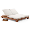 Santorini Aluminium Double Sun Lounge in Teak look with Denim/Cream Cushions with Round Side Table