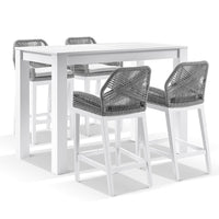 Santorini Outdoor Aluminium 1.5m Bar Table with 4 Hugo Aluminium and Rope Bar Stool