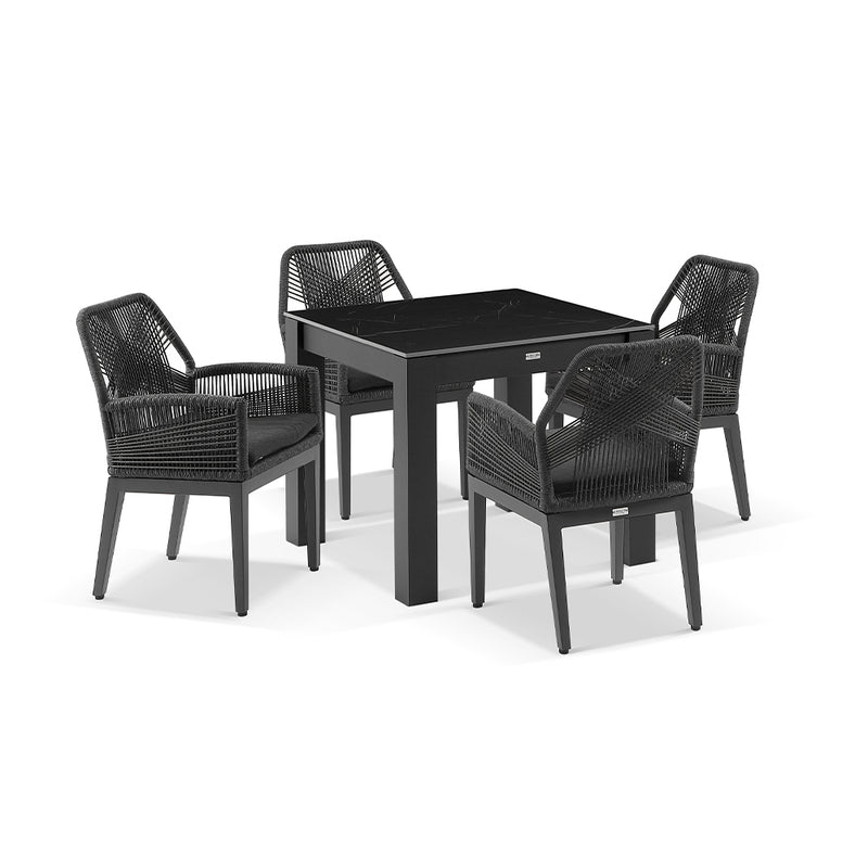 Hugo Outdoor 4 Seater Square Ceramic and Aluminium Dining Table with Hugo Rope Dining Chairs