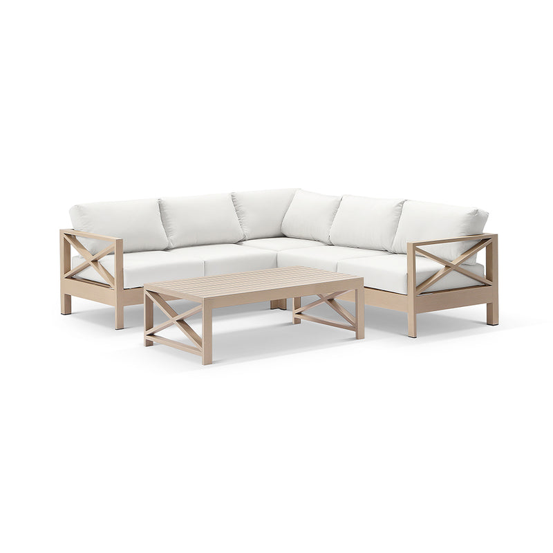 Kansas Package B - Outdoor Aluminium Corner Lounge Set with Coffee Table & Arm Chair in Light Oak Timber Look