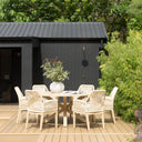 Houston Outdoor 1.5m Round Dining Table with 6 Hugo Chairs in Light Oak Timber Look Aluminium