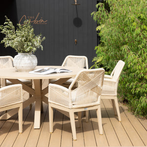 Houston Outdoor 1.5m Round Dining Table with 6 Hugo Chairs in Light Oak Timber Look Aluminium