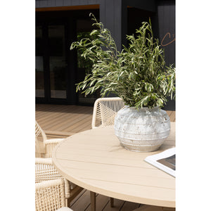 Houston Outdoor 1.5m Round Dining Table with 6 Hugo Chairs in Light Oak Timber Look Aluminium