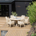 Houston Outdoor 1.5m Round Dining Table with 6 Hugo Chairs in Light Oak Timber Look Aluminium