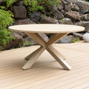 Houston Outdoor 1.5m Round Dining Table with 6 Hugo Chairs in Light Oak Timber Look Aluminium