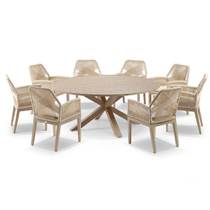 Houston Outdoor 1.8m Round Dining Table with 8 Hugo Chairs in Light Oak Timber Look Aluminium