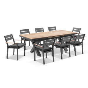 Austin Outdoor 2.2m - 3m Extension Teak Timber and Aluminium Table with 10 Capri Dining Chairs