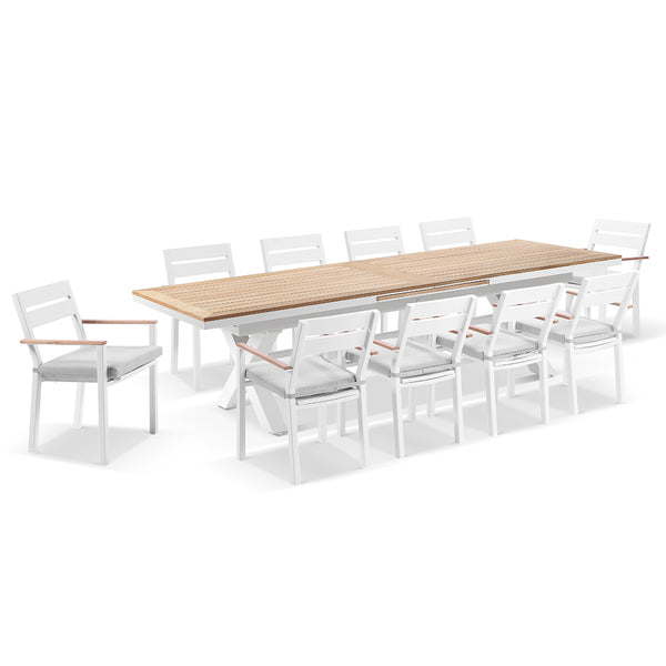 Austin Outdoor 3m - 3.8m Extension Teak Timber and Aluminium Table with 12 Capri Dining Chairs