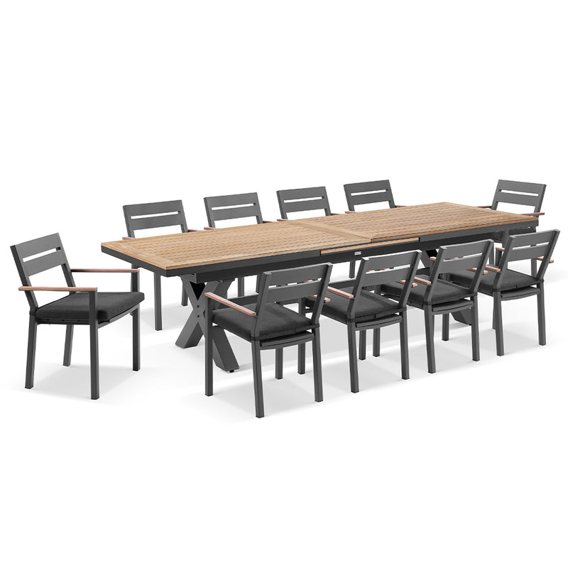 Austin Outdoor 3m - 3.8m Extension Teak Timber and Aluminium Table with 12 Capri Dining Chairs