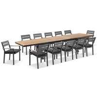 Austin Outdoor 3m - 3.8m Extension Teak Timber and Aluminium Table with 12 Capri Dining Chairs