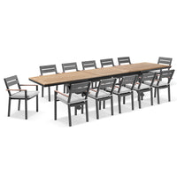 Austin Outdoor 3m - 3.8m Extension Teak Timber and Aluminium Table with 12 Capri Dining Chairs