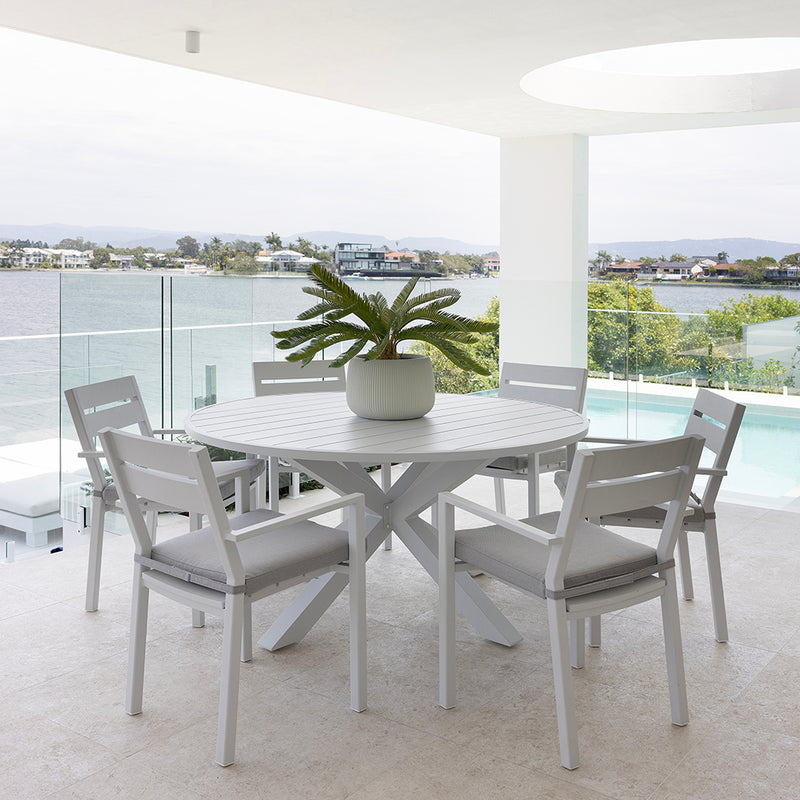 Houston Outdoor 1.5m Round Aluminium Dining Setting with 6 Santorini Chairs