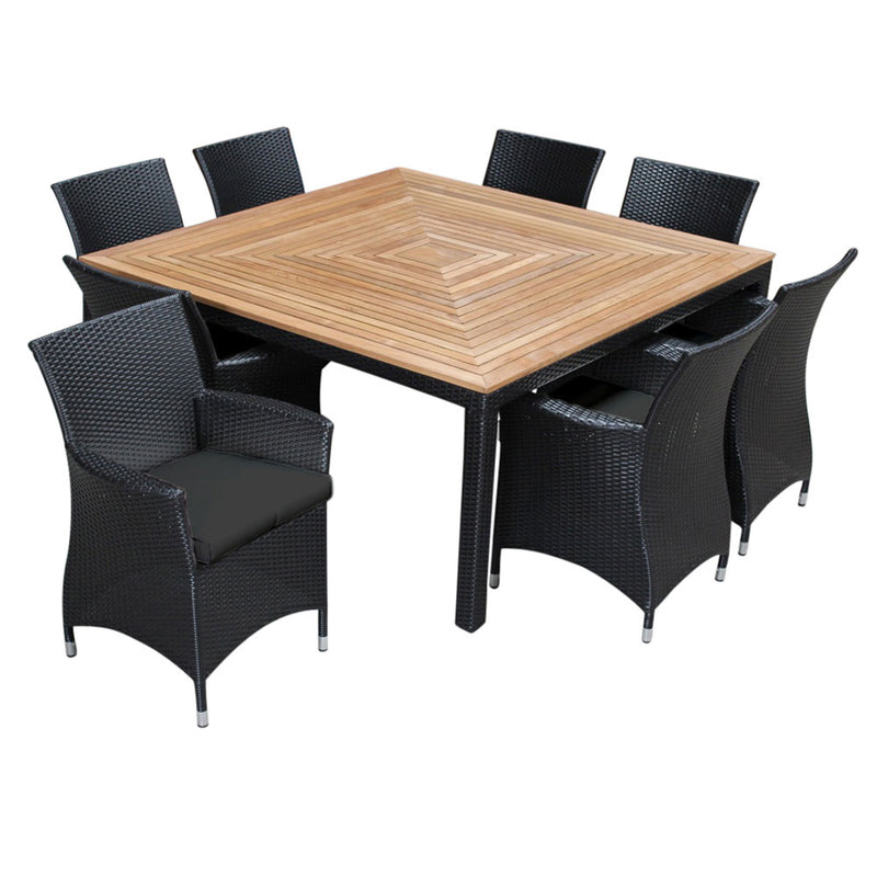 Sahara 8 Square - 9pc Raw Natural Teak Timber Table Top Outdoor Dining Set With Wicker Chairs in CHARCOAL