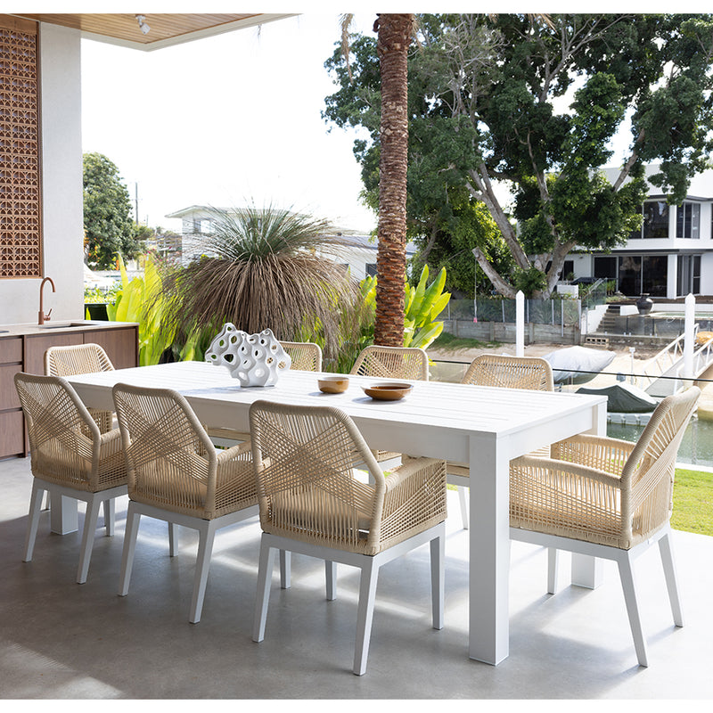 Santorini 2.5m Outdoor Rectangle Aluminium Dining Table with 8 Hugo Rope Chairs