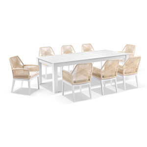 Santorini 2.5m Outdoor Rectangle Aluminium Dining Table with 8 Hugo Rope Chairs