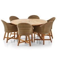 Solomon 1.5m Round Teak Dining Table with 6 Coastal Wicker Chairs