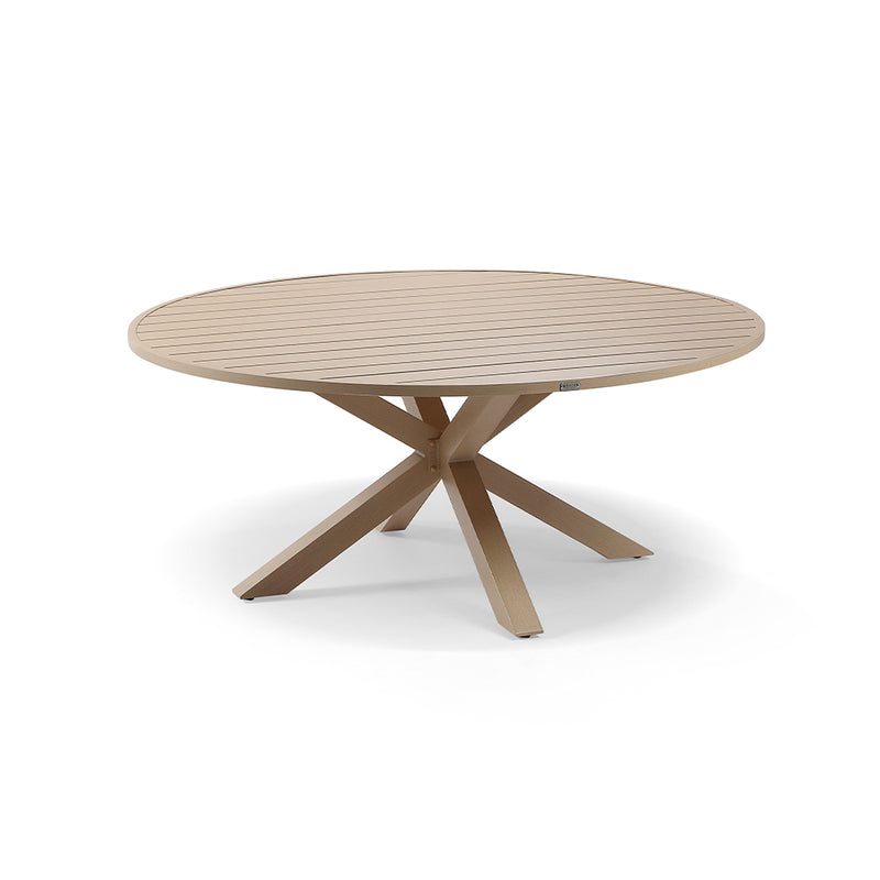 Houston Outdoor 1.8m Round Dining Table with 8 Hugo Chairs in Light Oak Timber Look Aluminium