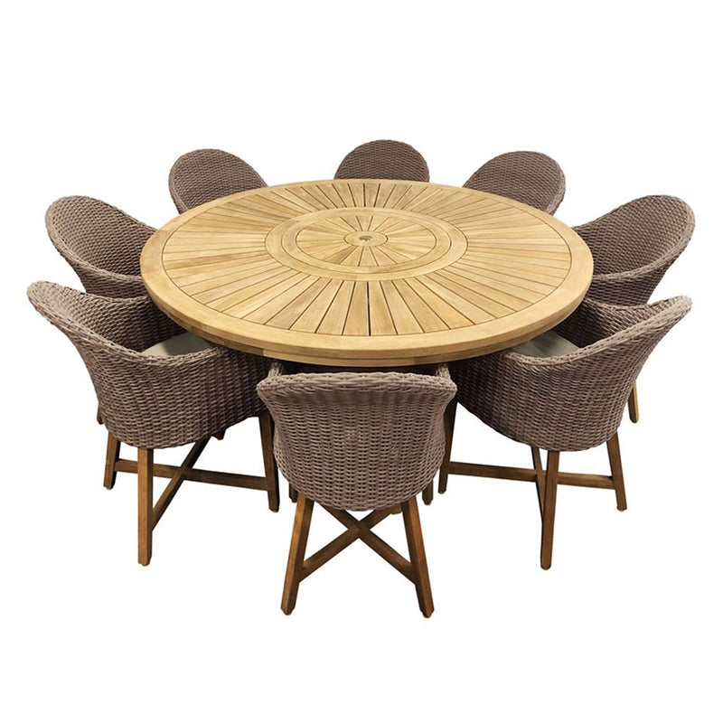 Solomon 1.8m Round Outdoor Teak Timber Dining Table with Coastal Wicker Chairs with Lazy Susan