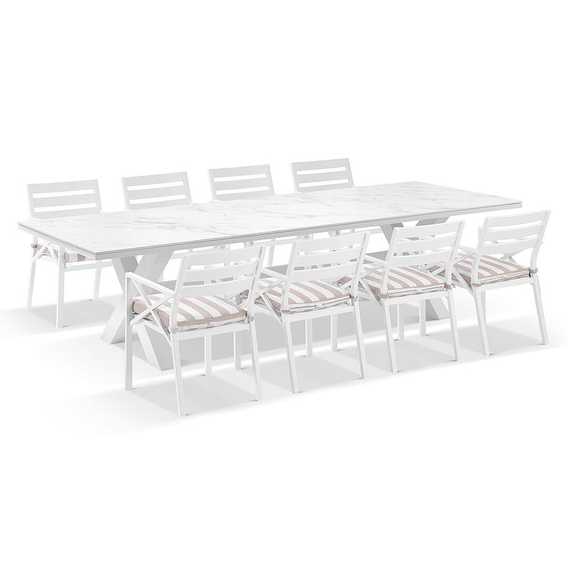 Kansas Outdoor Ceramic 3m Aluminium Dining Table with 10 Chairs Setting in Sunbrella