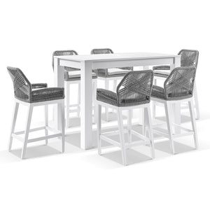 Santorini Outdoor Aluminium 1.5m Bar Table with 6 Hugo Aluminium and Rope Bar Stool