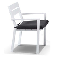 Tuscany 8 Seater Rectangle Teak Top Aluminium Dining Setting with Santorini Chairs in Charcoal & White