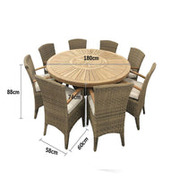 Solomon 1.8m Round Outdoor Teak Timber Dining Table with Kai Wicker Chairs with Lazy Susan
