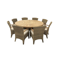 Solomon 1.8m Round Outdoor Teak Timber Dining Table with Kai Wicker Chairs with Lazy Susan