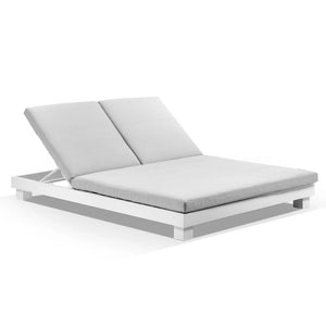 Santorini Aluminium Double Sun Lounge in White with Balmoral Teak Round Side Table