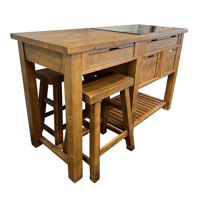 Rustic Timber Granite Top Kitchen Island Bench with Stools