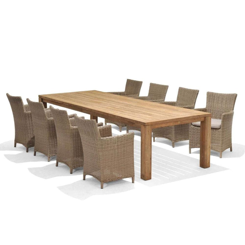Cancun 3m Recycled Teak Timber Table and 10 wicker Chairs Dining Setting