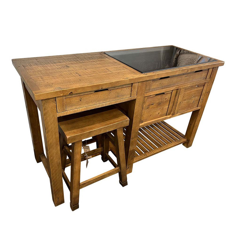 Rustic Timber Granite Top Kitchen Island Bench with Stools