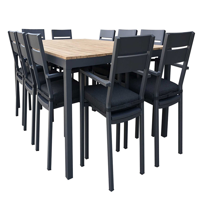 Tuscany 10 Seat Teak Top and Aluminium Dining Setting with Santorini Chairs in Charcoal