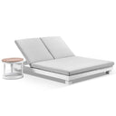 Santorini Aluminium Double Sun Lounge in White with Balmoral Teak Round Side Table