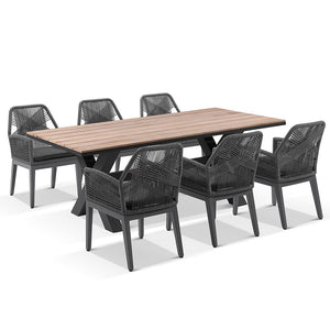 Kansas 2m Outdoor Teak Timber and Aluminium Dining Table with 8 Hugo Rope Chairs