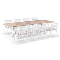 Kansas 3m Outdoor Teak Timber and Aluminium Dining Table with 10 Chairs with Sunbrella cushions
