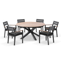 Tuscany Round 1.5m Outdoor Aluminium and Teak Dining Table with 6 Capri Chairs
