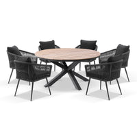 Tuscany Round 1.5m Outdoor Aluminium and Teak Dining Table with 6 Herman Rope Dining Chairs