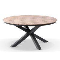 Tuscany Round 1.5m Outdoor Aluminium and Teak Dining Table with 6 Malawi Wicker Dining Chairs
