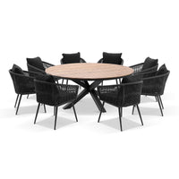 Tuscany Round 1.8m Outdoor Aluminium and Teak Dining Table with 8 Herman Rope Dining Chairs