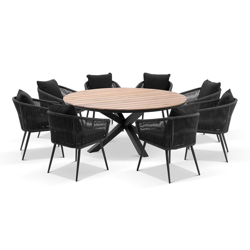 Tuscany Round 1.8m Outdoor Aluminium and Teak Dining Table with 8 Herman Rope Dining Chairs