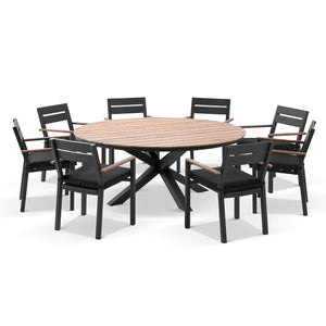 Tuscany Round 1.8m Outdoor Aluminium and Teak Dining Table with 8 Capri Chairs