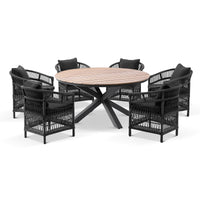 Tuscany Round 1.5m Outdoor Aluminium and Teak Dining Table with 6 Malawi Wicker Dining Chairs