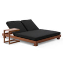 Santorini Aluminium Double Sun Lounge in Teak look with Denim/Cream Cushions With Slide Under Side Table