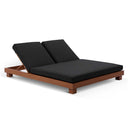 Santorini Aluminium Double Sun Lounge in Teak look with Denim/Cream Cushions With Slide Under Side Table